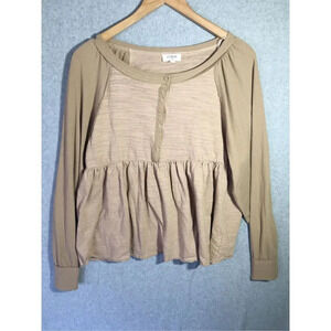 Womens Umgee Blouse Peplum Button Front Flattering Tan Neutral Closet Staple
